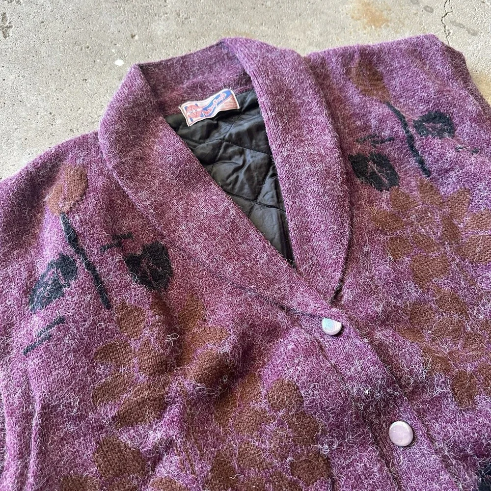 Vintage Wang Kong Women's Rose Knit Cardigan Quilted Lined Vest Size L Retro 70s